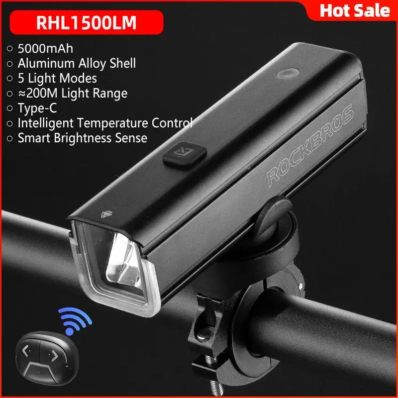ROCKBROS 1500LM Bike Front Light 5000mAh Type-C IPX6 Aluminum