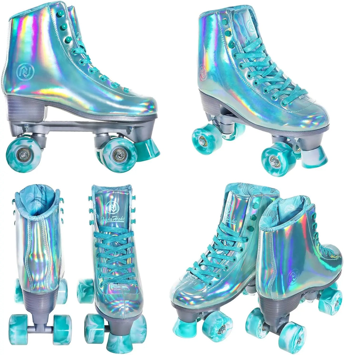 Holographic Roller Skates for Women, Shiny Double-Row Four Wheels Quad Skates Girls Outdoor (Green)