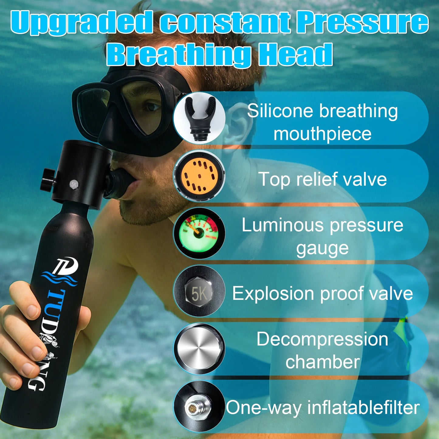 TUDIVING Portable Scuba Tank With Diving Mask And Pump
