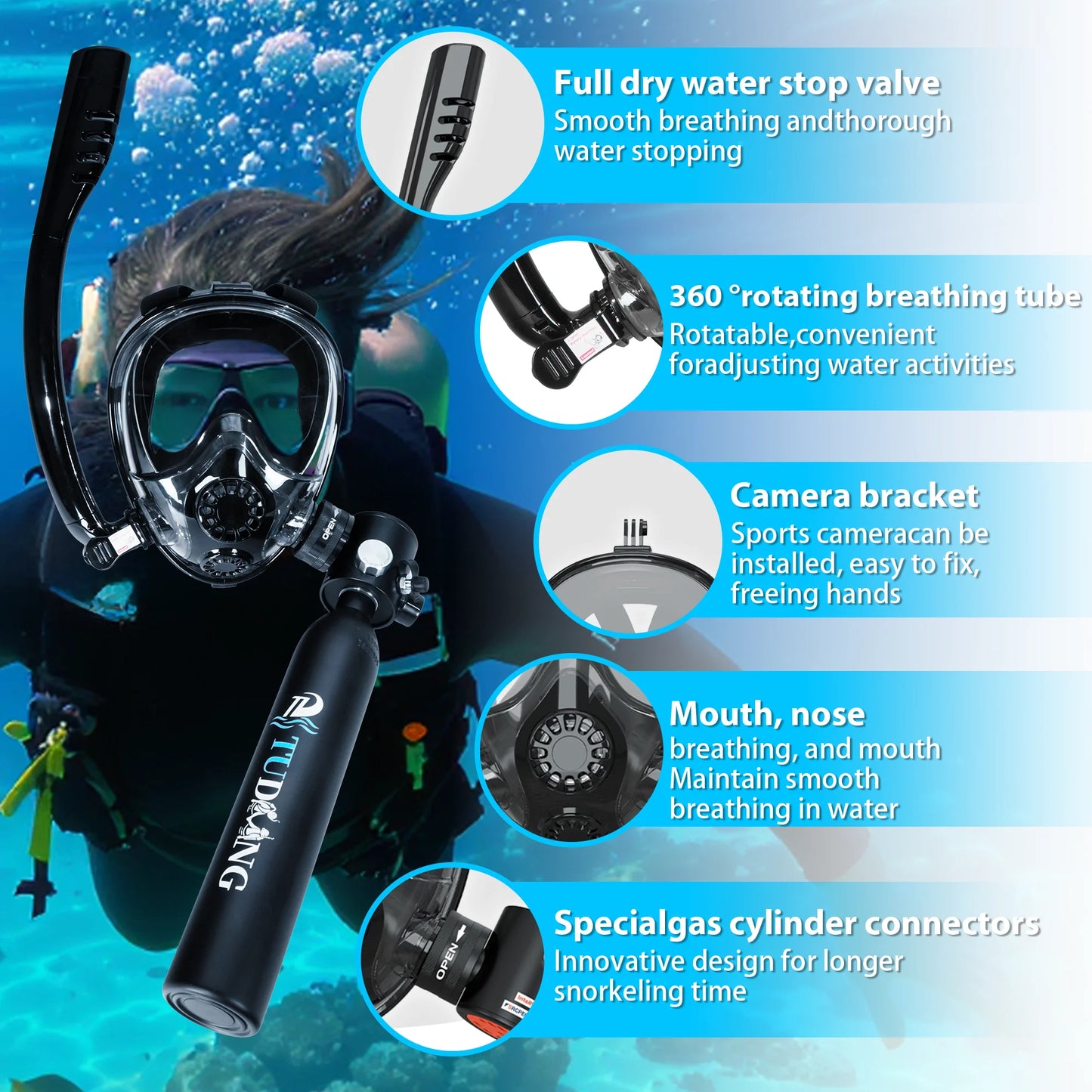 TUDIVING Portable Scuba Tank With Diving Mask And Pump