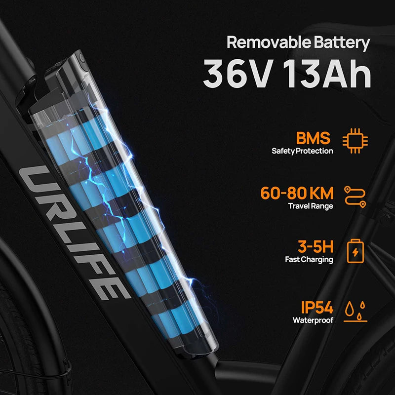 URLIFE E26 Electric Bike 250W With Removable 36V13Ah Battery Dual Disc Brakes