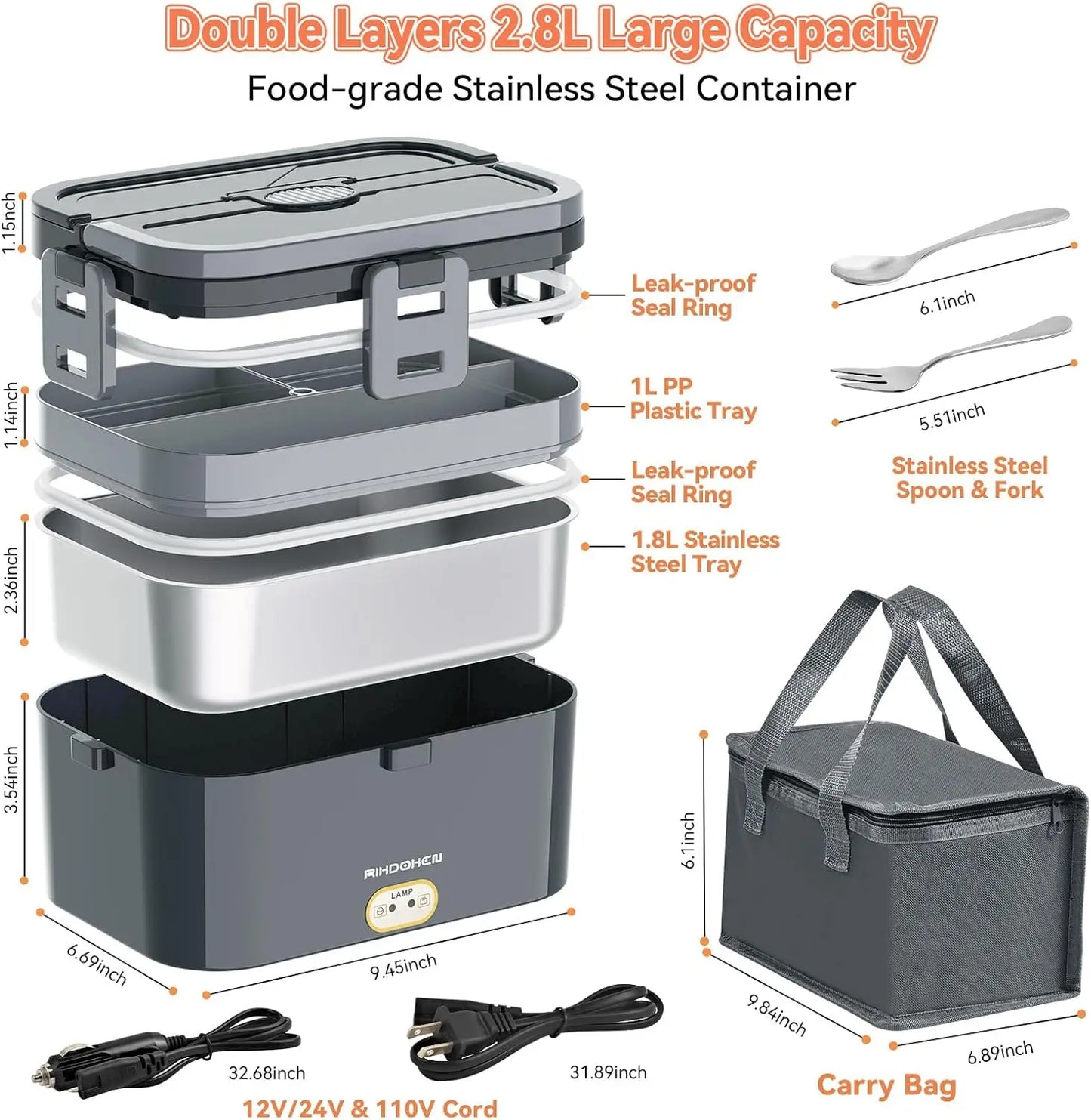 XMSJ Electric Lunch Box Heater 12V 24V 110V Stainless Steel