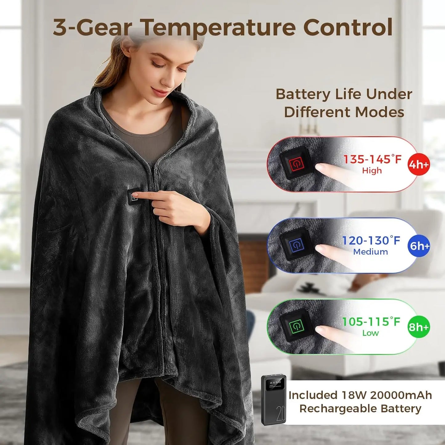 Cordless Heated Blanket With 20000mAh Battery USB 3 Heat Levels