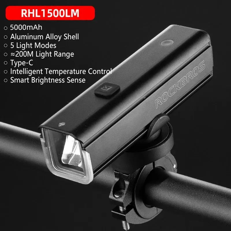 ROCKBROS 1500LM Bike Front Light 5000mAh Type-C IPX6 Aluminum