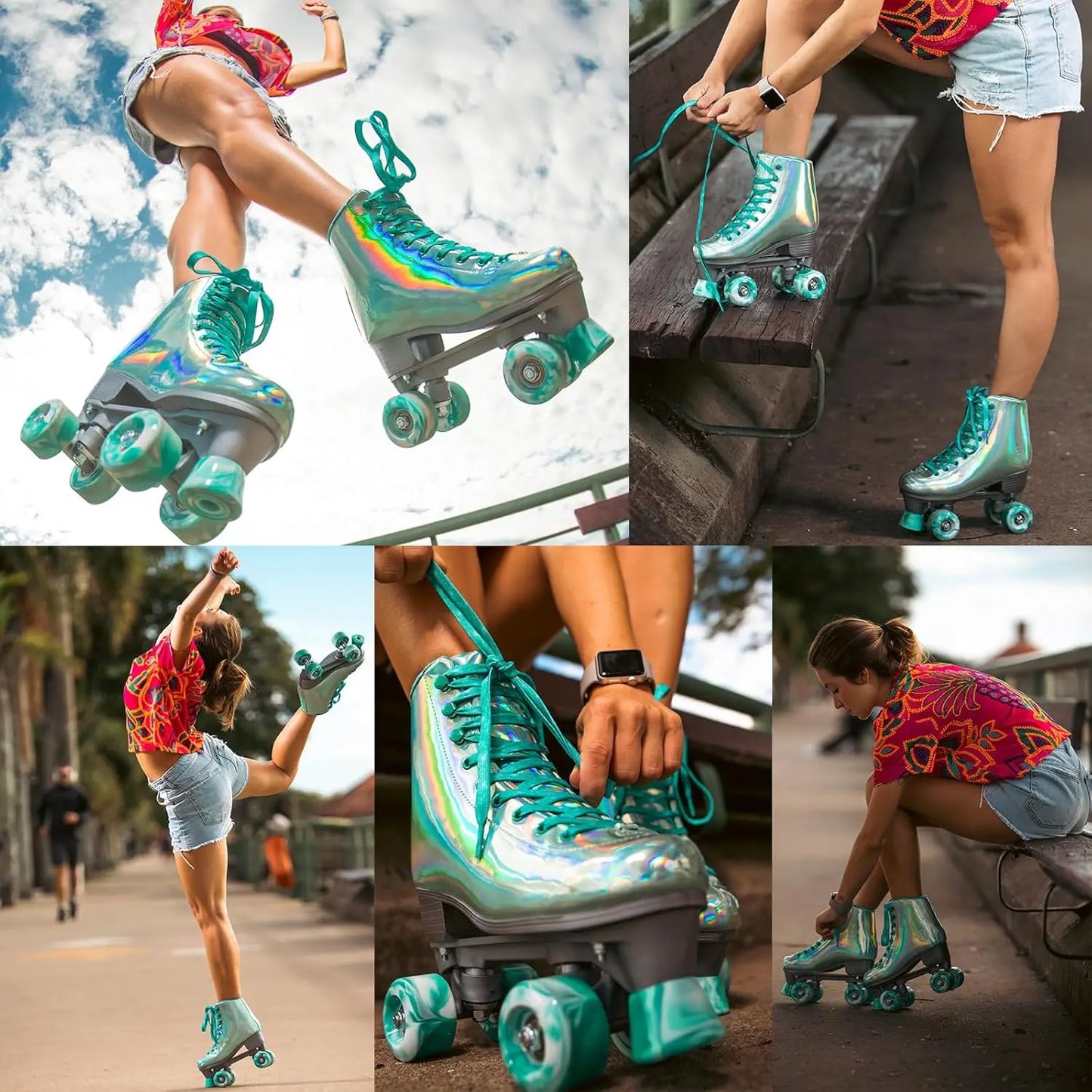 Holographic Roller Skates for Women, Shiny Double-Row Four Wheels Quad Skates Girls Outdoor (Green)