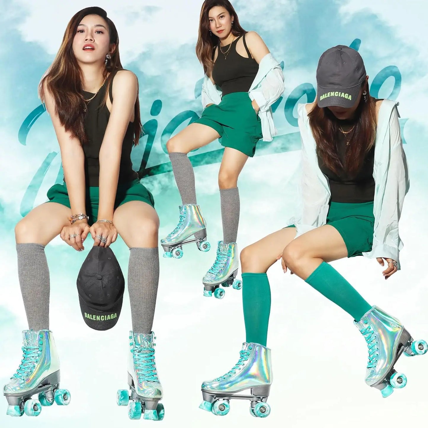 Holographic Roller Skates for Women, Shiny Double-Row Four Wheels Quad Skates Girls Outdoor (Green)
