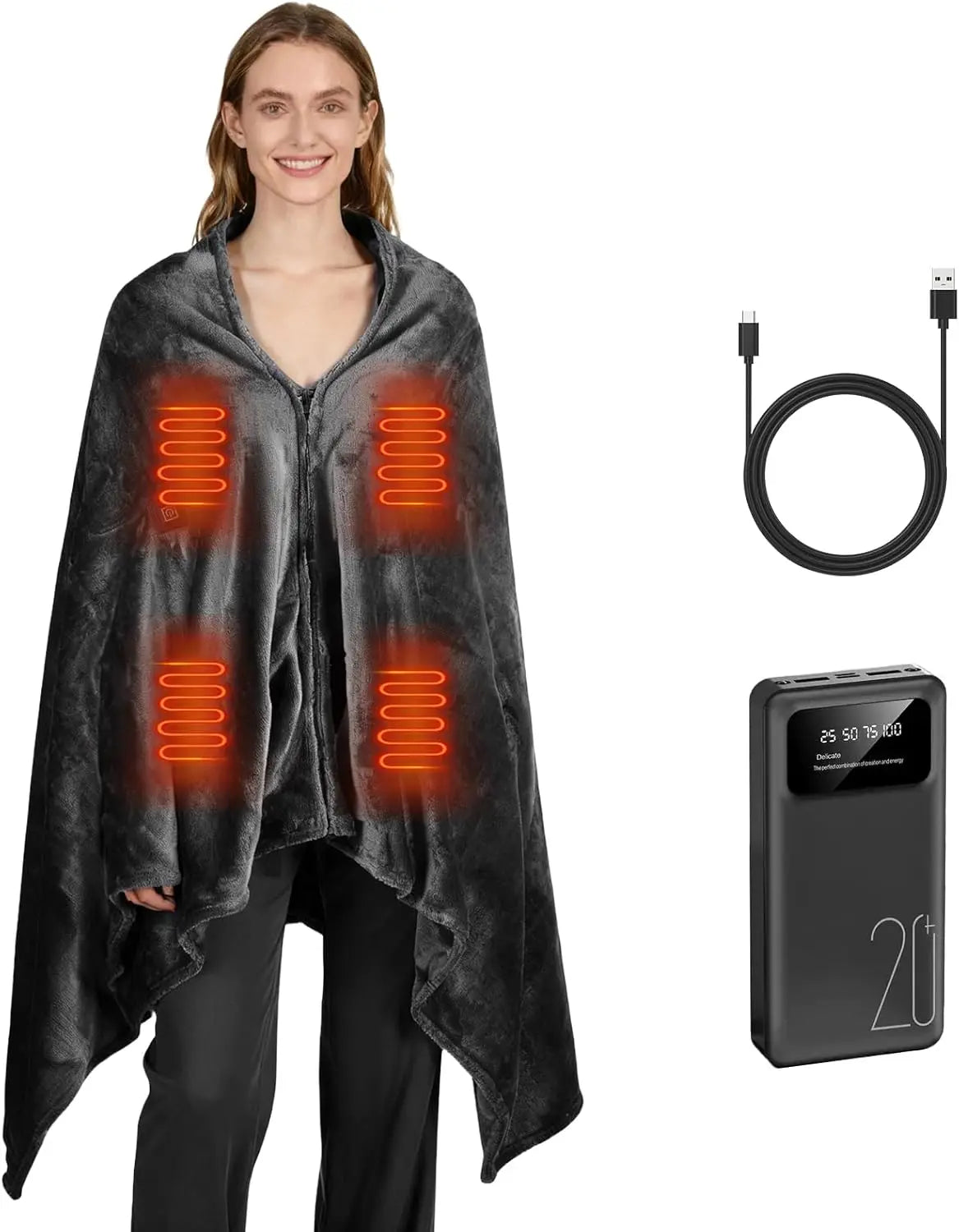 Cordless Heated Blanket With 20000mAh Battery USB 3 Heat Levels