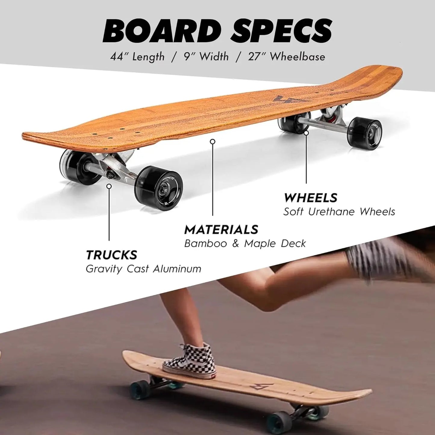 Longboard Skateboard - Bamboo & Canadian Maple Deck - Ideal for Commuting, Cruising, Carving, Downhill Riding -