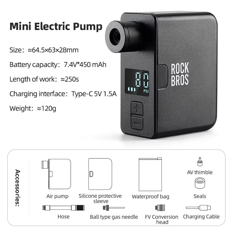 ROCKBROS Portable Electric Bicycle Pump 120 PSI Type-C Tire Inflator