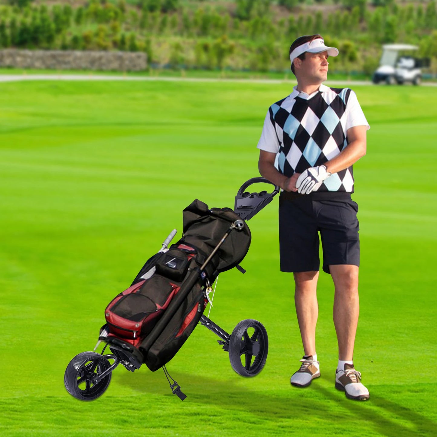 3-Wheel Foldable Golf Push Cart With Foot Brake Cup Holder