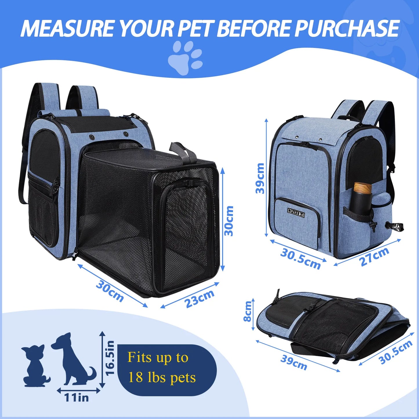 Pet Backpack Carrier For Cats And Dogs Expandable And Foldable