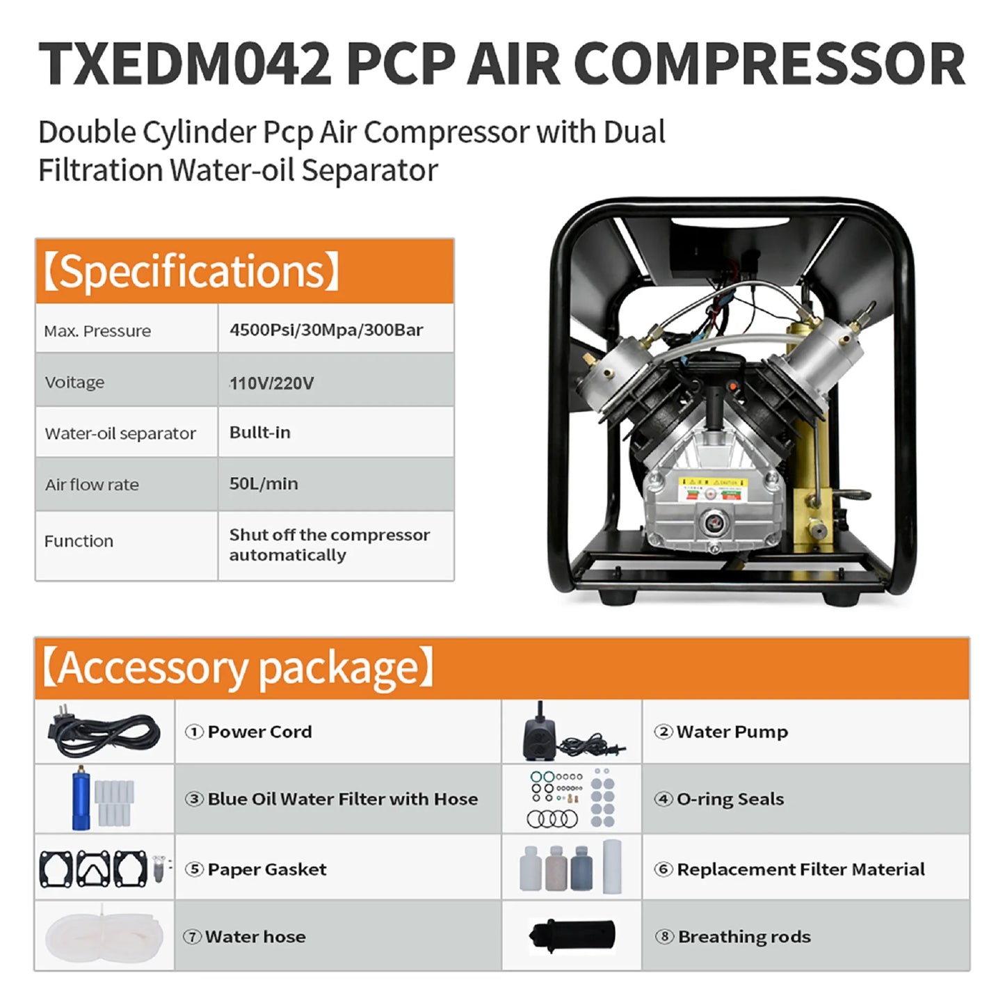 TUDIVING Portable Scuba Air Compressor 4500 PSI PCP