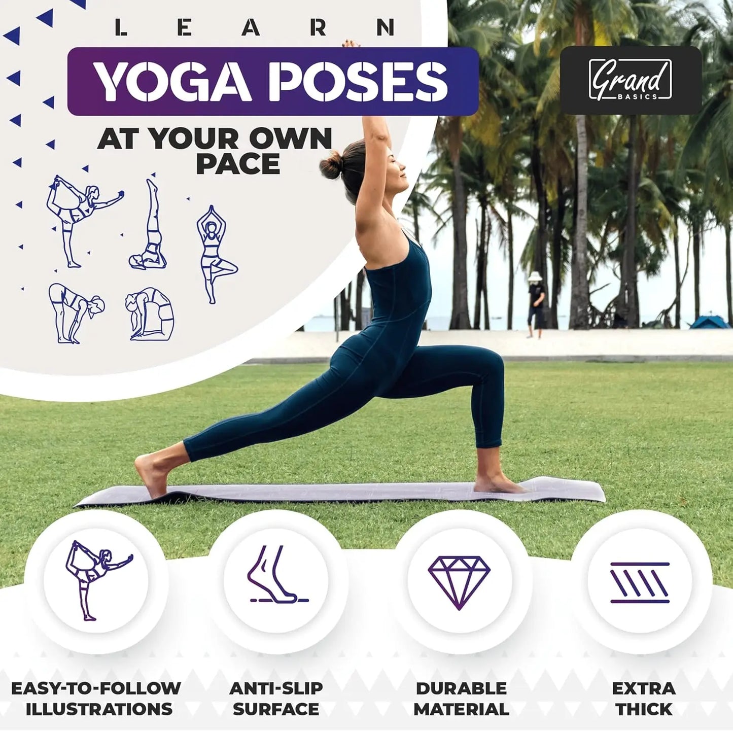 Yoga Mat With Illustrated Poses And Stretches Non Toxic Non Slip