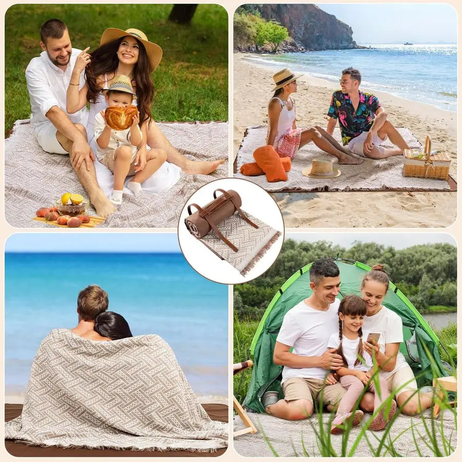 Waterproof Picnic Blanket Outdoor Foldable Two In One Beach Mat Carry Strap