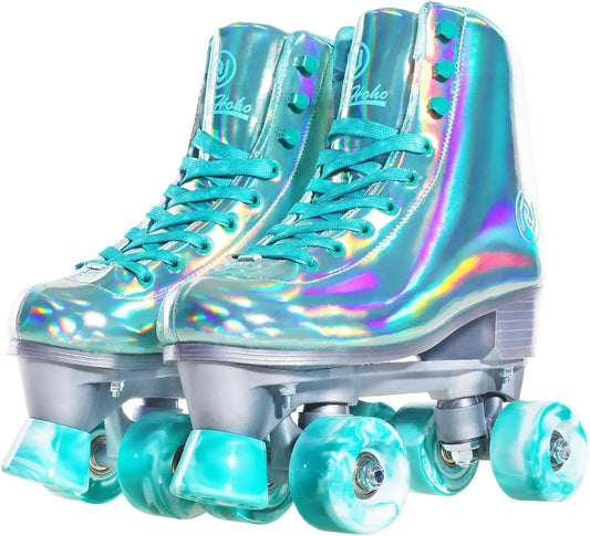 Holographic Roller Skates for Women, Shiny Double-Row Four Wheels Quad Skates Girls Outdoor (Green)