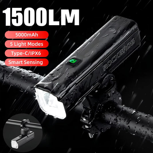 ROCKBROS 1500LM Bike Front Light 5000mAh Type-C IPX6 Aluminum