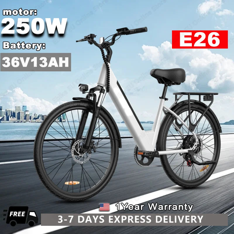 URLIFE E26 Electric Bike 250W With Removable 36V13Ah Battery Dual Disc Brakes